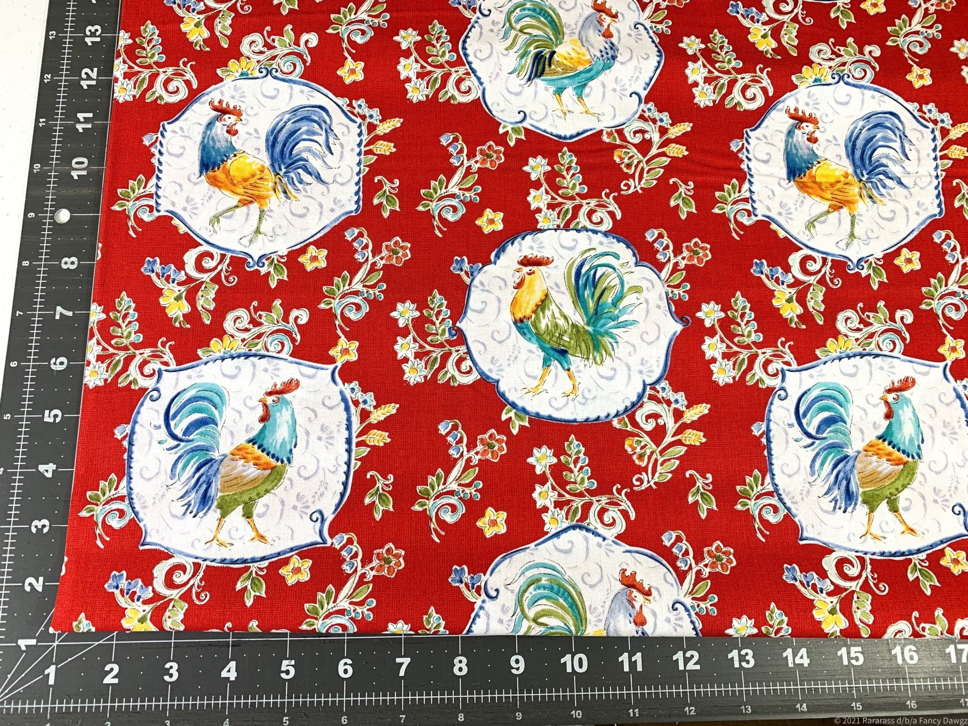 Red Morning Bloom Rooster fabric 5825 Chicken fabric - Mary Jo Fabrics