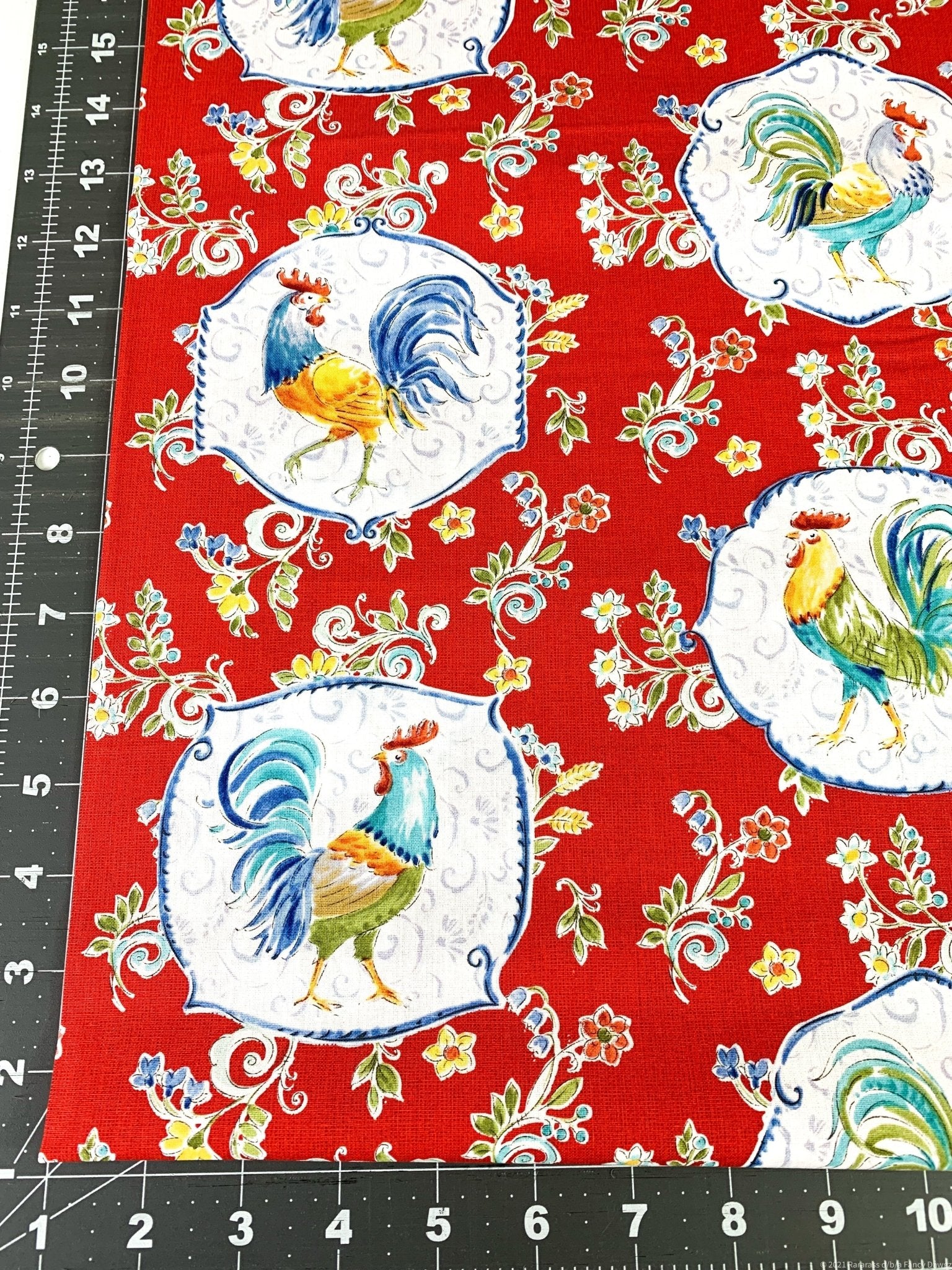 Red Morning Bloom Rooster fabric 5825 Chicken fabric - Mary Jo Fabrics