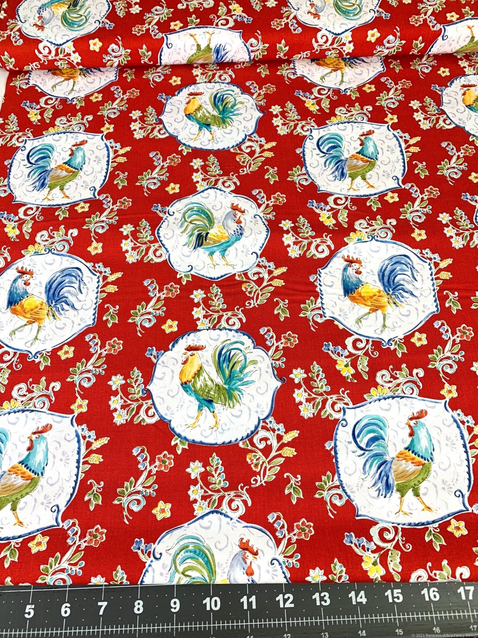 Red Morning Bloom Rooster fabric 5825 Chicken fabric - Mary Jo Fabrics