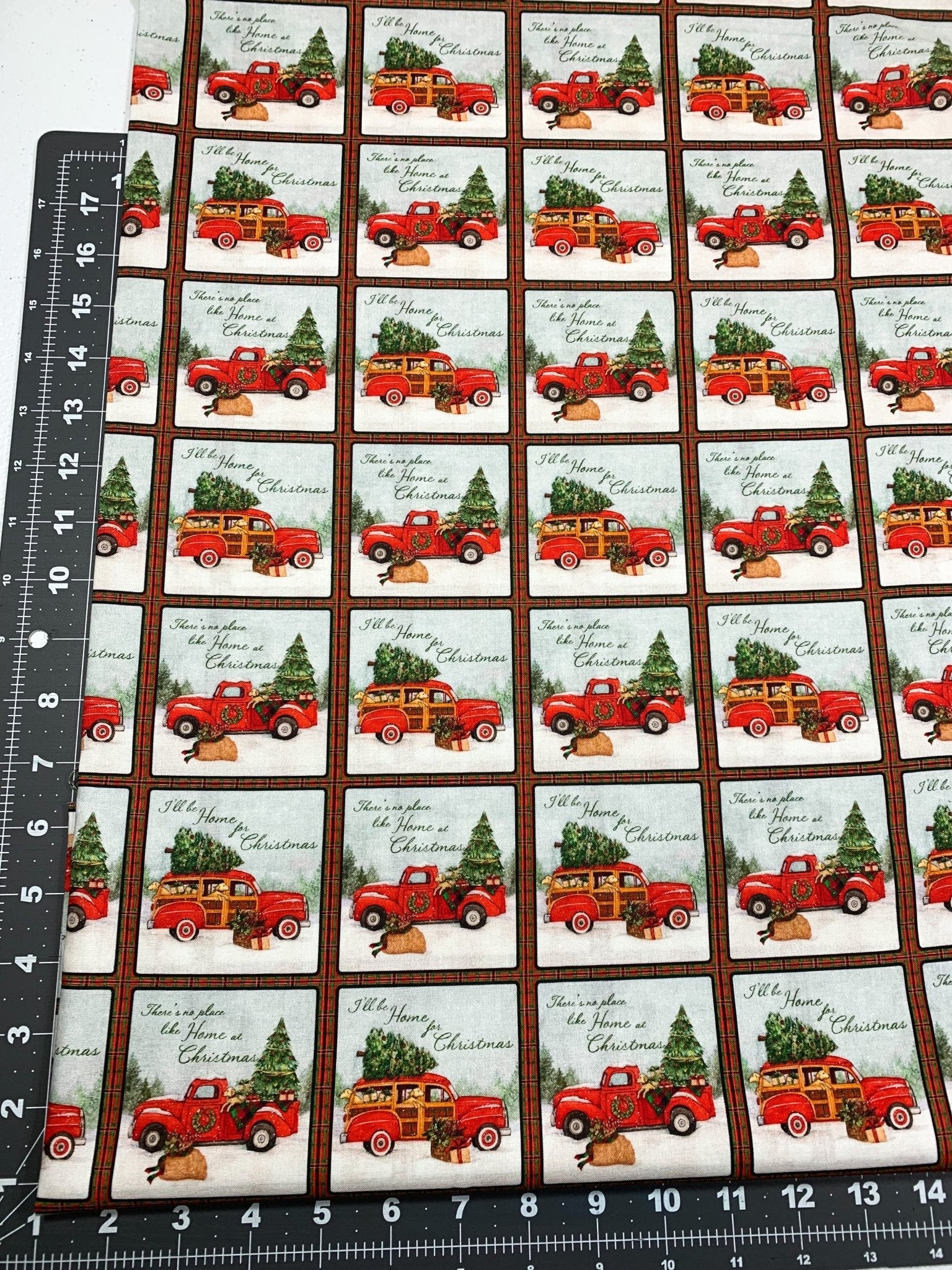 Red panel truck Christmas fabric 3 inch square - Mary Jo Fabrics