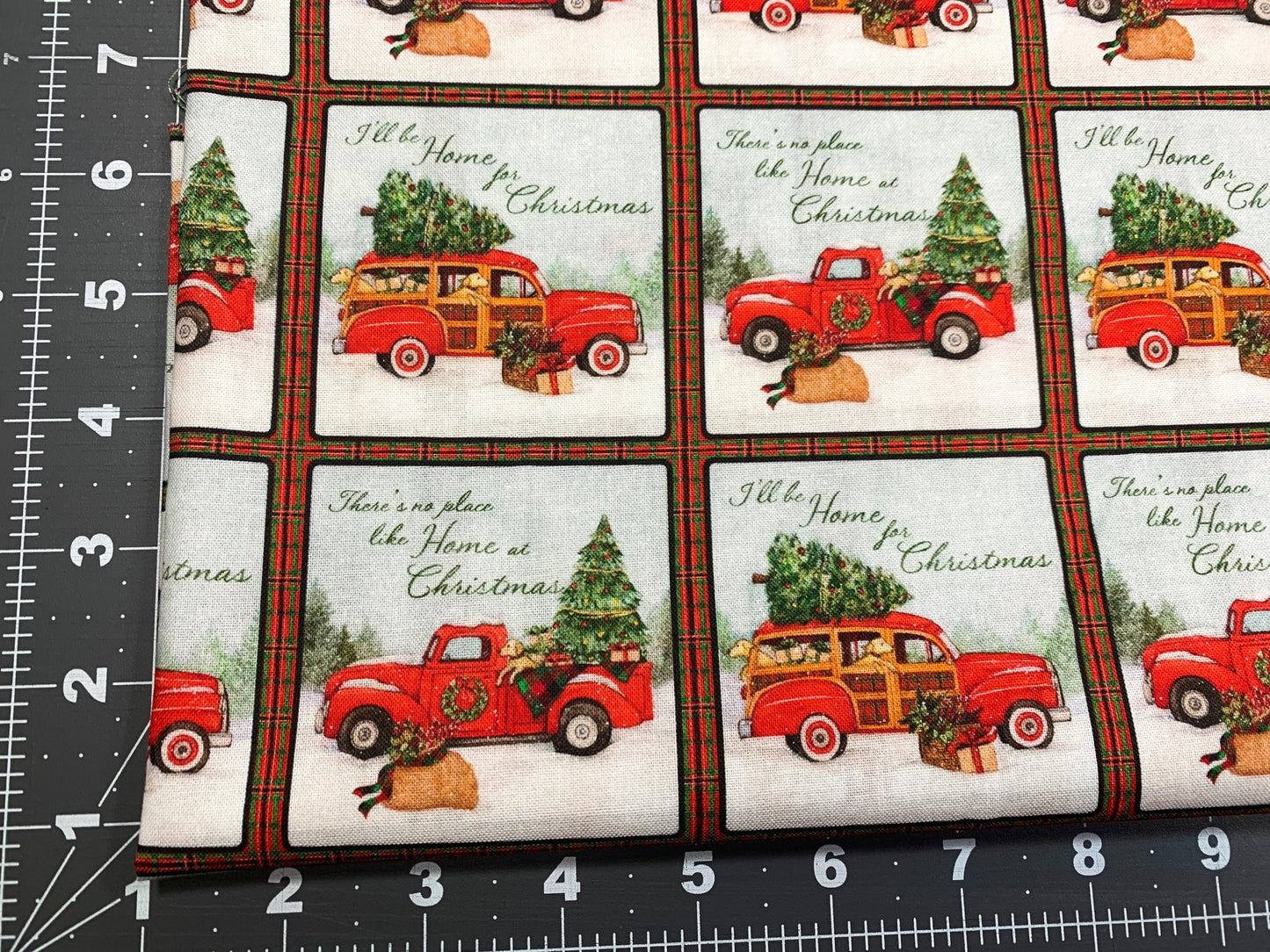 Red panel truck Christmas fabric 3 inch square - Mary Jo Fabrics