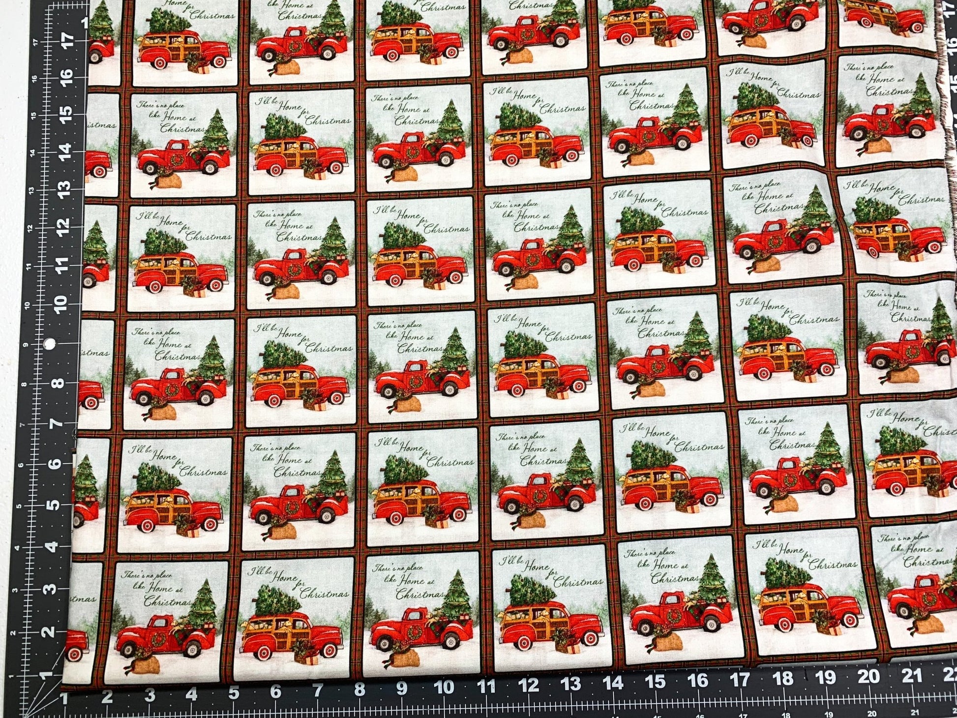 Red panel truck Christmas fabric 3 inch square - Mary Jo Fabrics