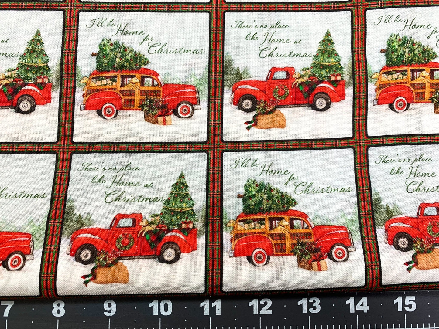 Red panel truck Christmas fabric 3 inch square - Mary Jo Fabrics