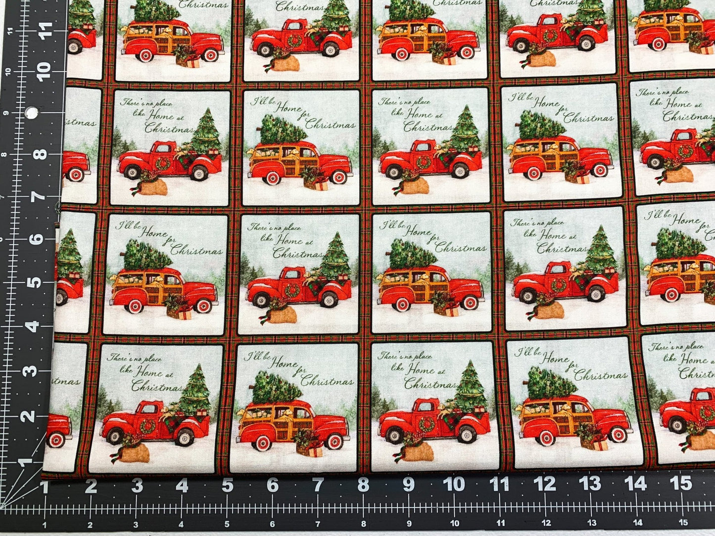 Red panel truck Christmas fabric 3 inch square - Mary Jo Fabrics