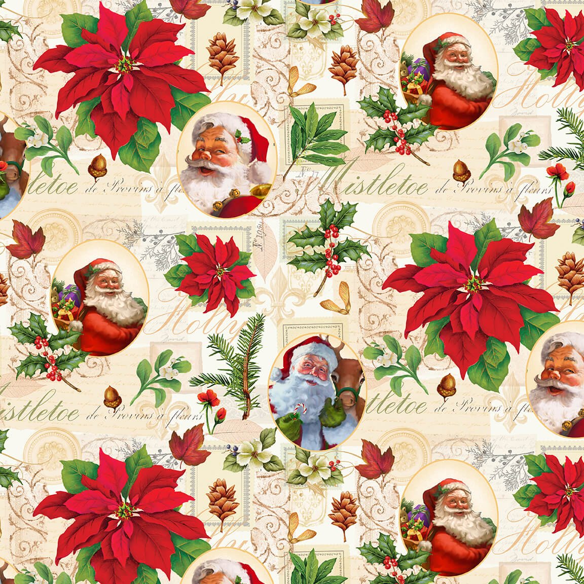 Red Poinsettia and Santa fabric Legend Christmas Cotton Fabric - Mary Jo Fabrics