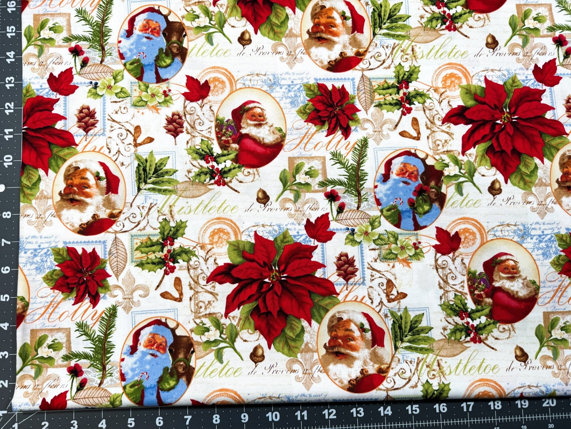 Red Poinsettia and Santa fabric Legend Christmas Cotton Fabric - Mary Jo Fabrics