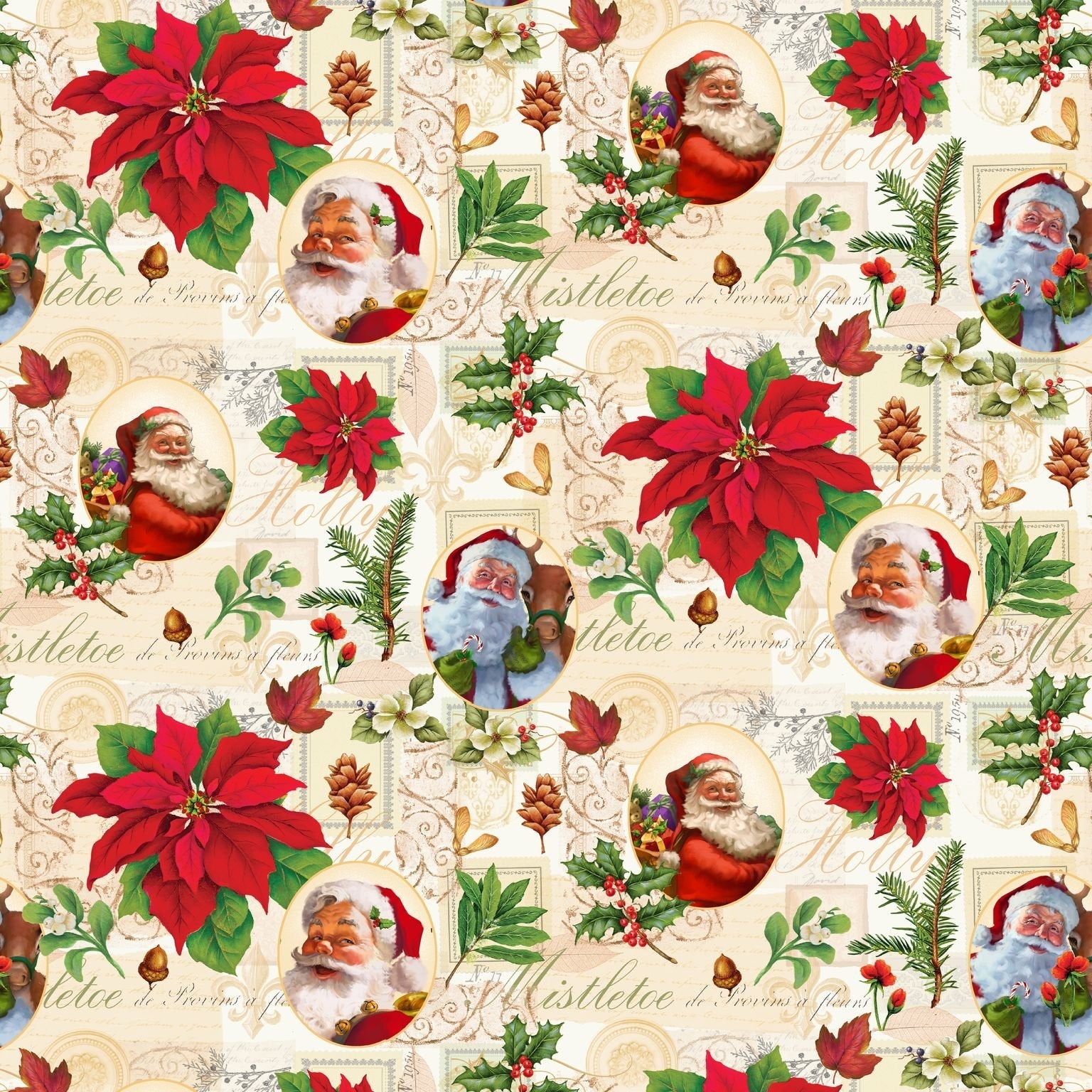 Red Poinsettia and Santa fabric Legend Christmas Cotton Fabric - Mary Jo Fabrics