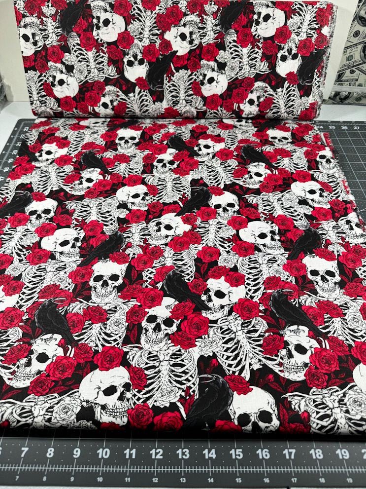 Red Rose and Skull fabric - Mary Jo Fabrics