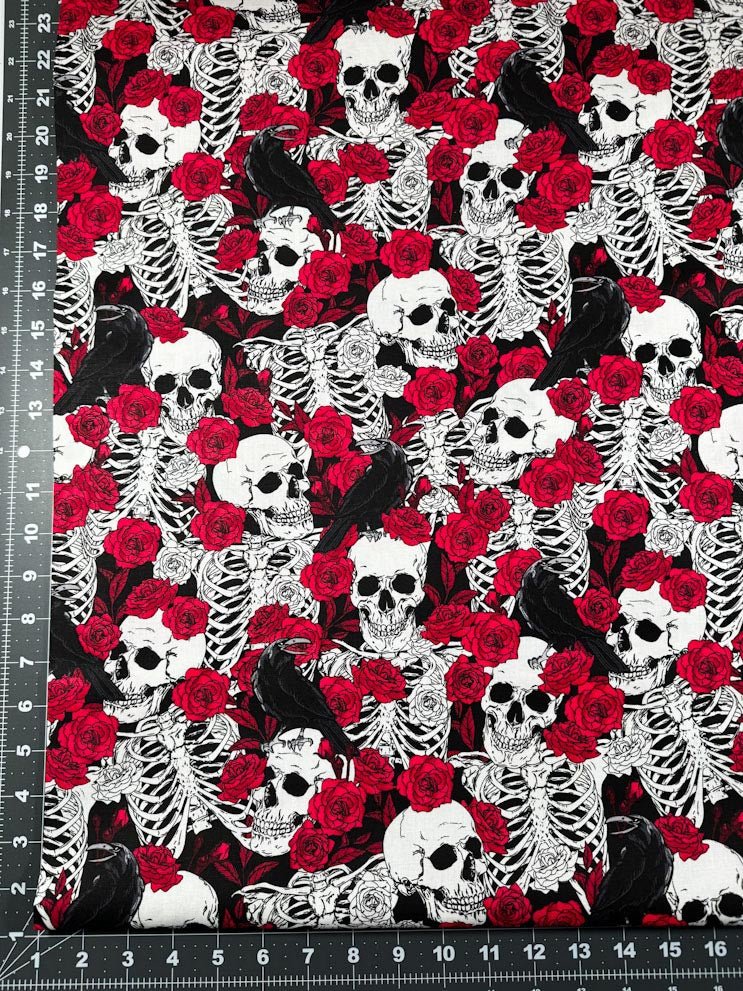 Red Rose and Skull fabric - Mary Jo Fabrics