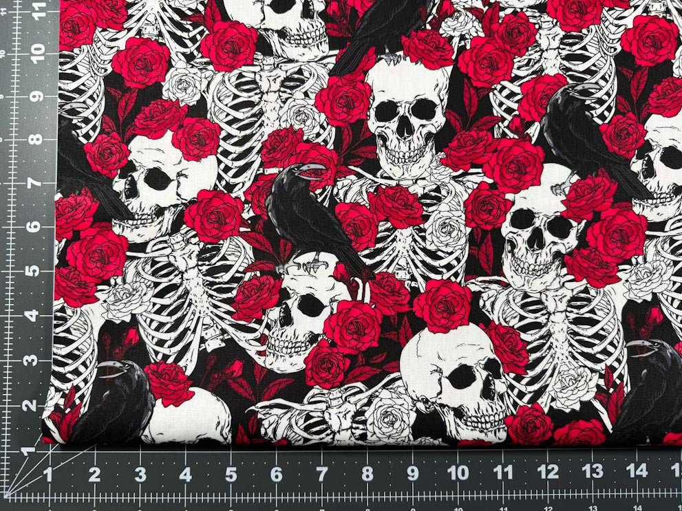 Red Rose and Skull fabric - Mary Jo Fabrics