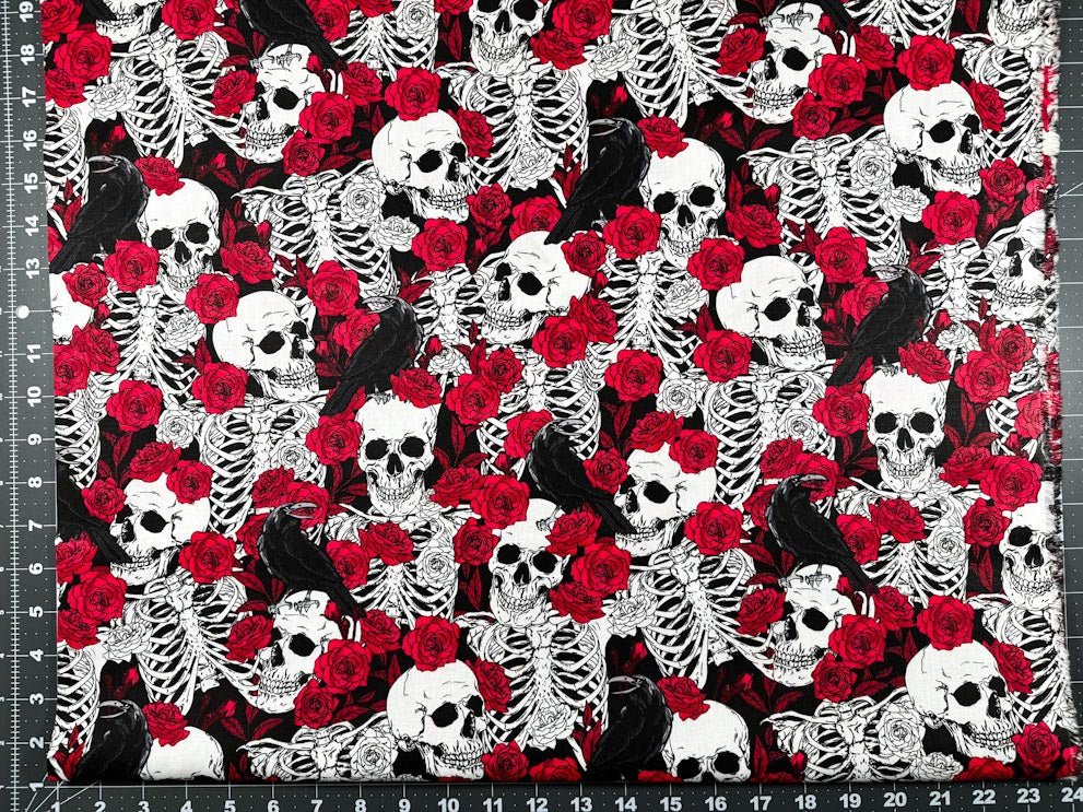 Red Rose and Skull fabric - Mary Jo Fabrics