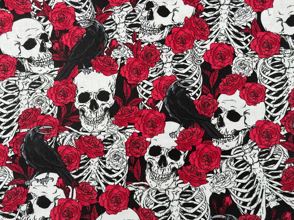 Red Rose and Skull fabric - Mary Jo Fabrics