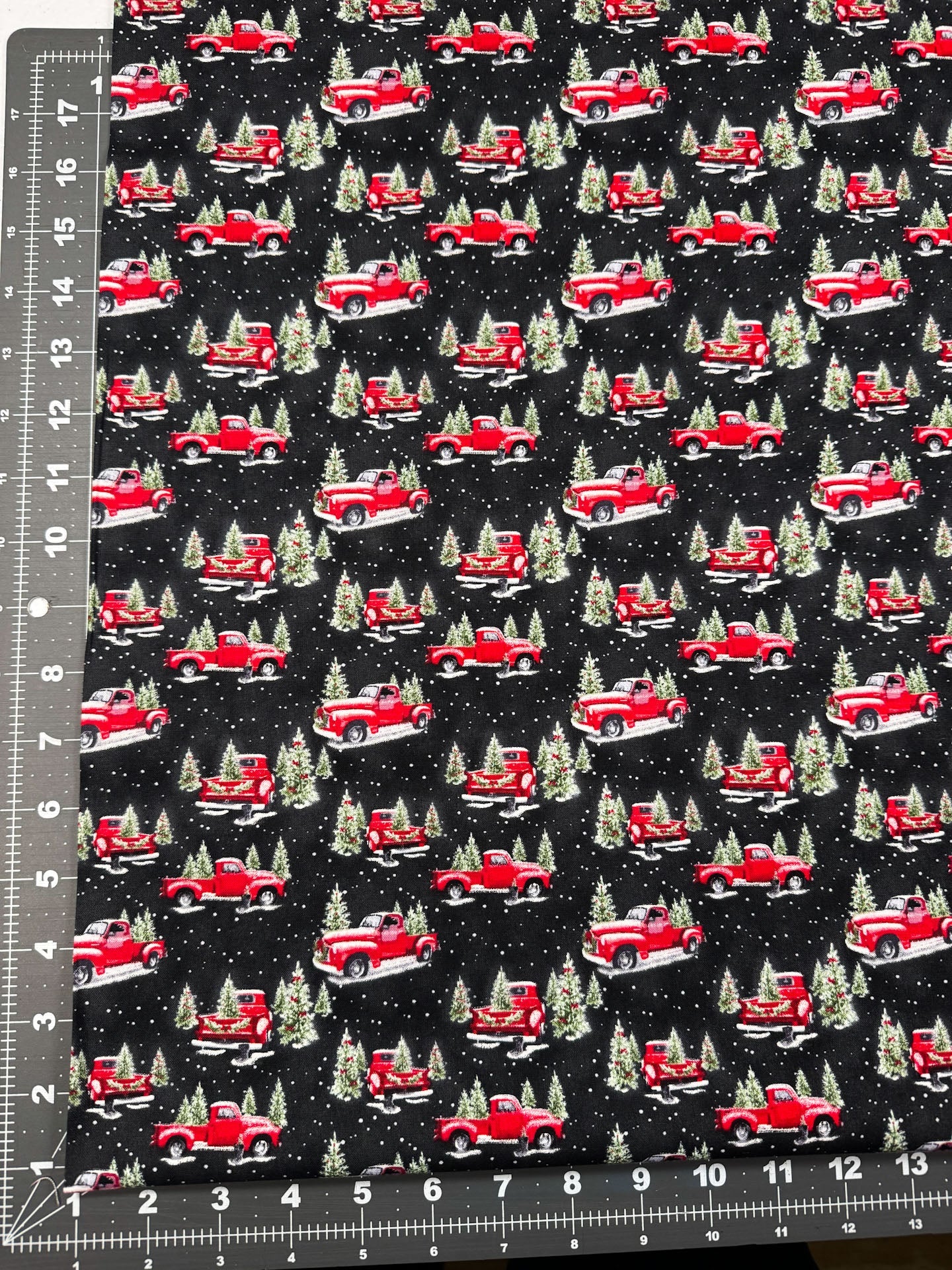 Red Truck Christmas fabric Christmas trees and vintage truck - Mary Jo Fabrics