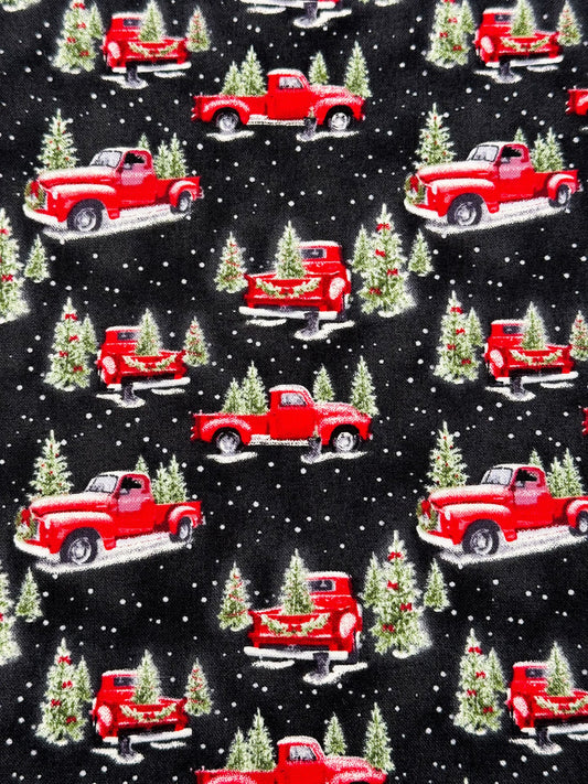 Red Truck Christmas fabric Christmas trees and vintage truck - Mary Jo Fabrics