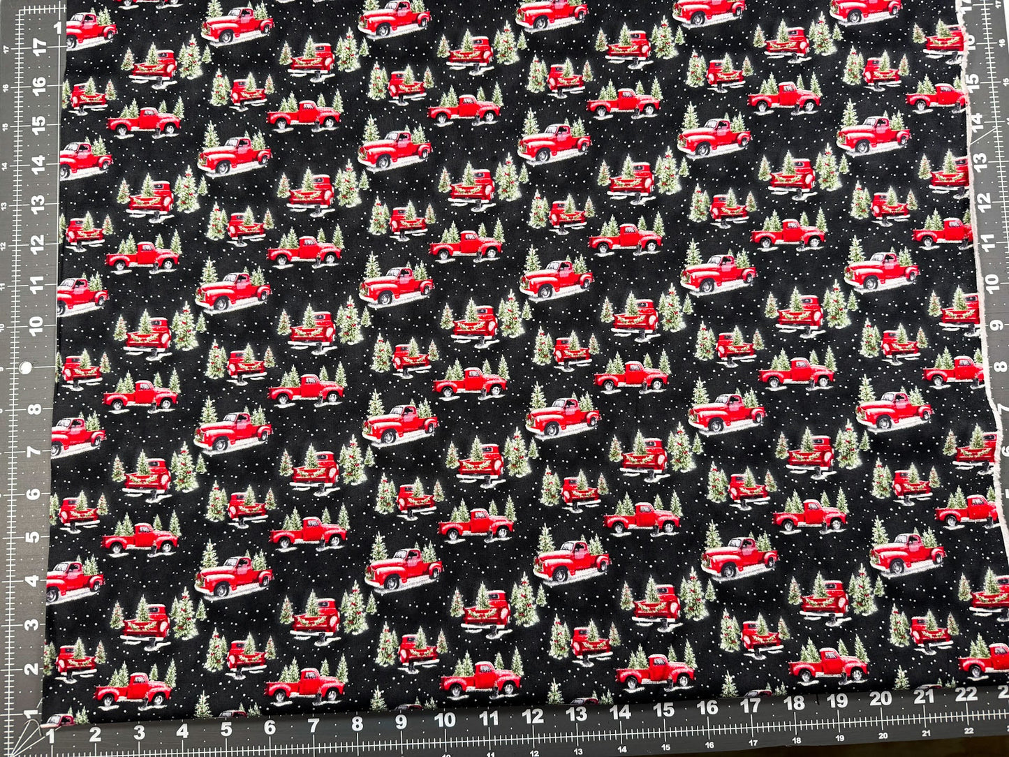 Red Truck Christmas fabric Christmas trees and vintage truck - Mary Jo Fabrics