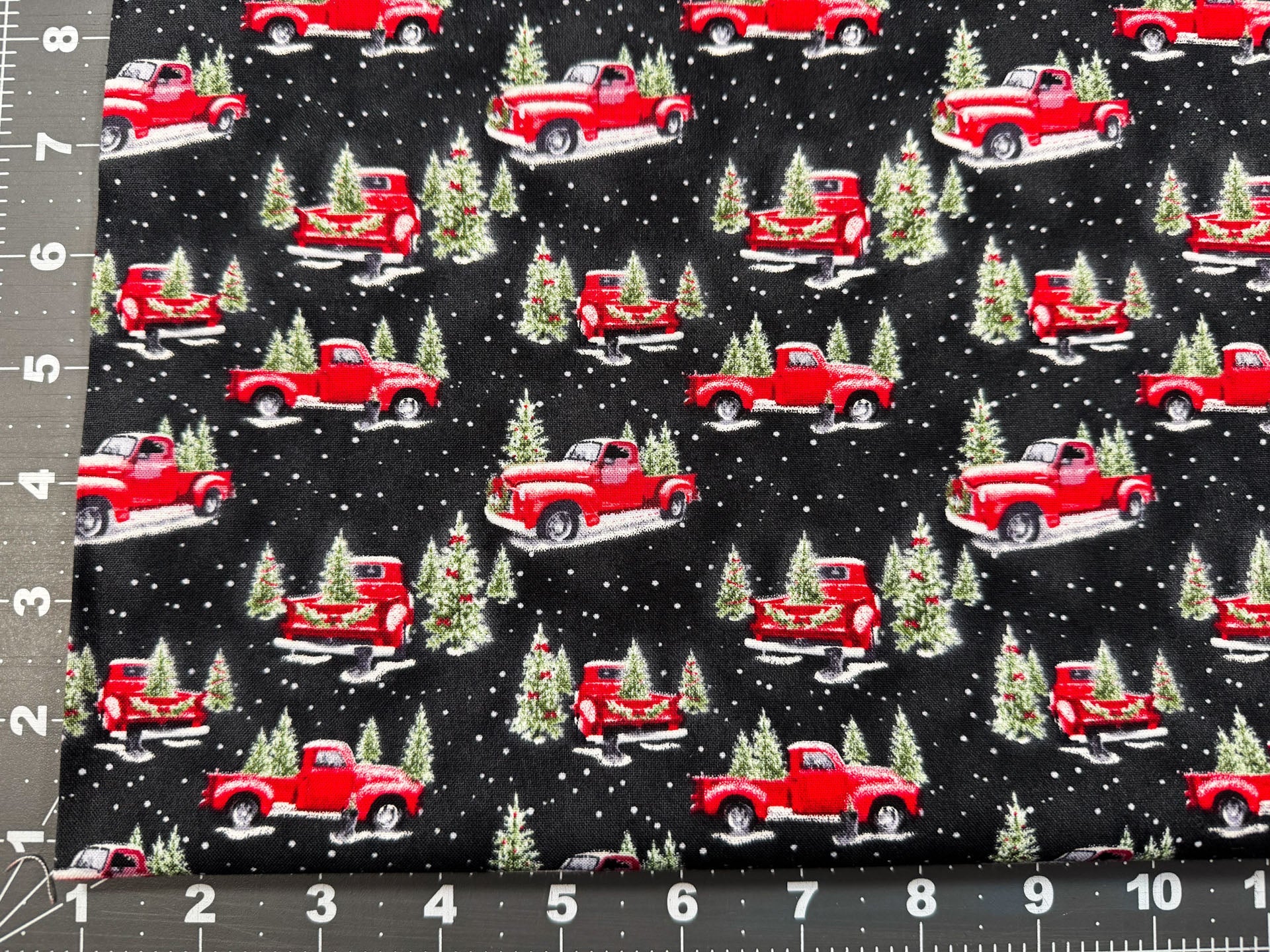 Red Truck Christmas fabric Christmas trees and vintage truck - Mary Jo Fabrics