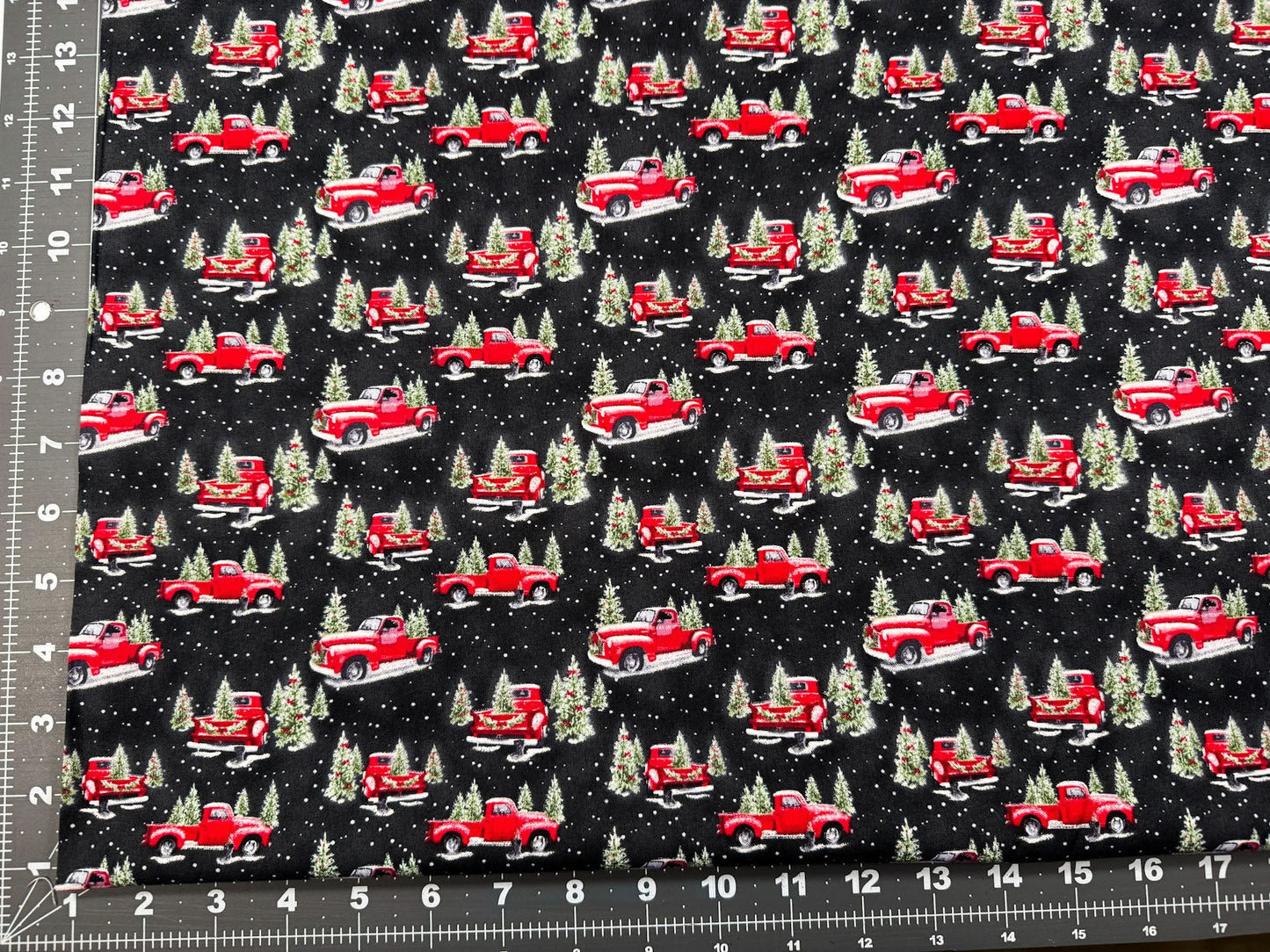 Red Truck Christmas fabric Christmas trees and vintage truck - Mary Jo Fabrics