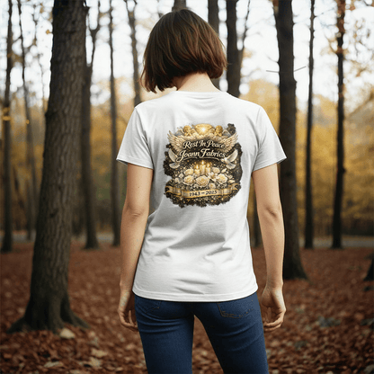 Rest In Peace Joann Fabrics Memorial T-Shirt Back Print - Mary Jo Fabrics
