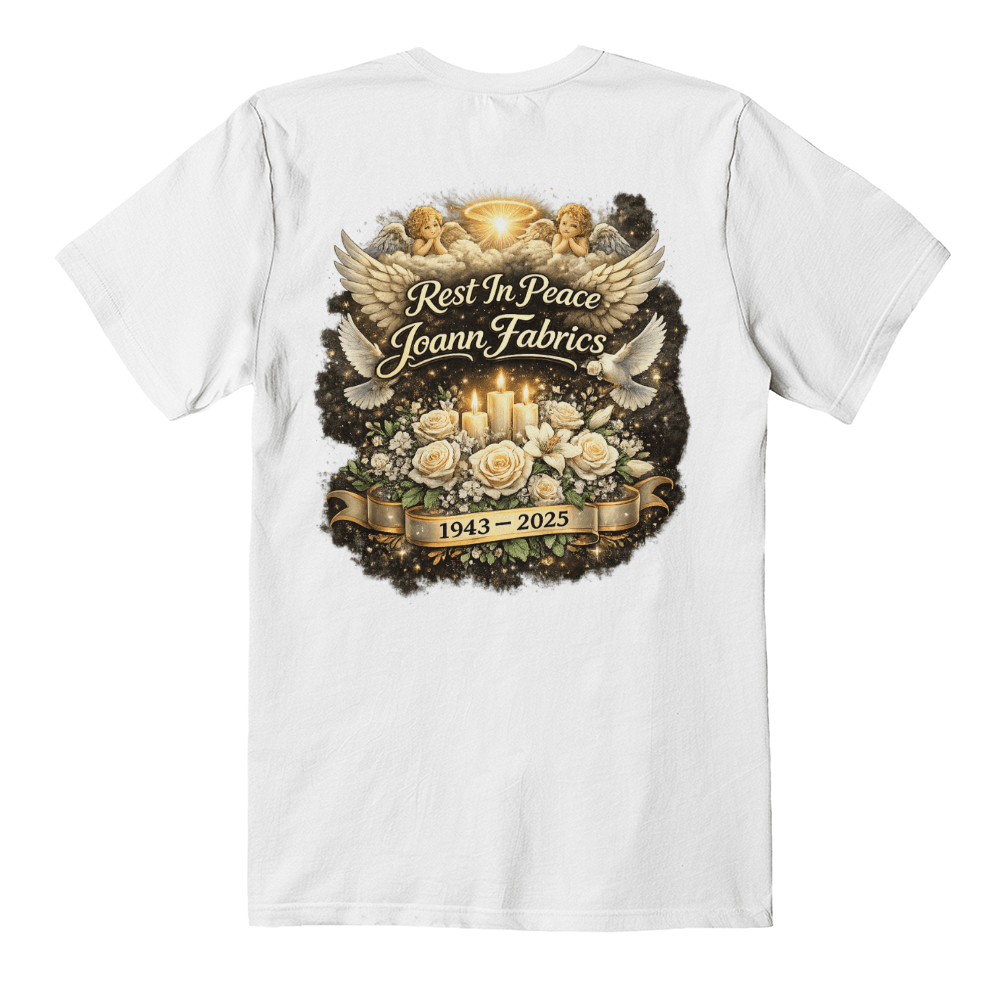 Rest In Peace Joann Fabrics Memorial T-Shirt Back Print - Mary Jo Fabrics