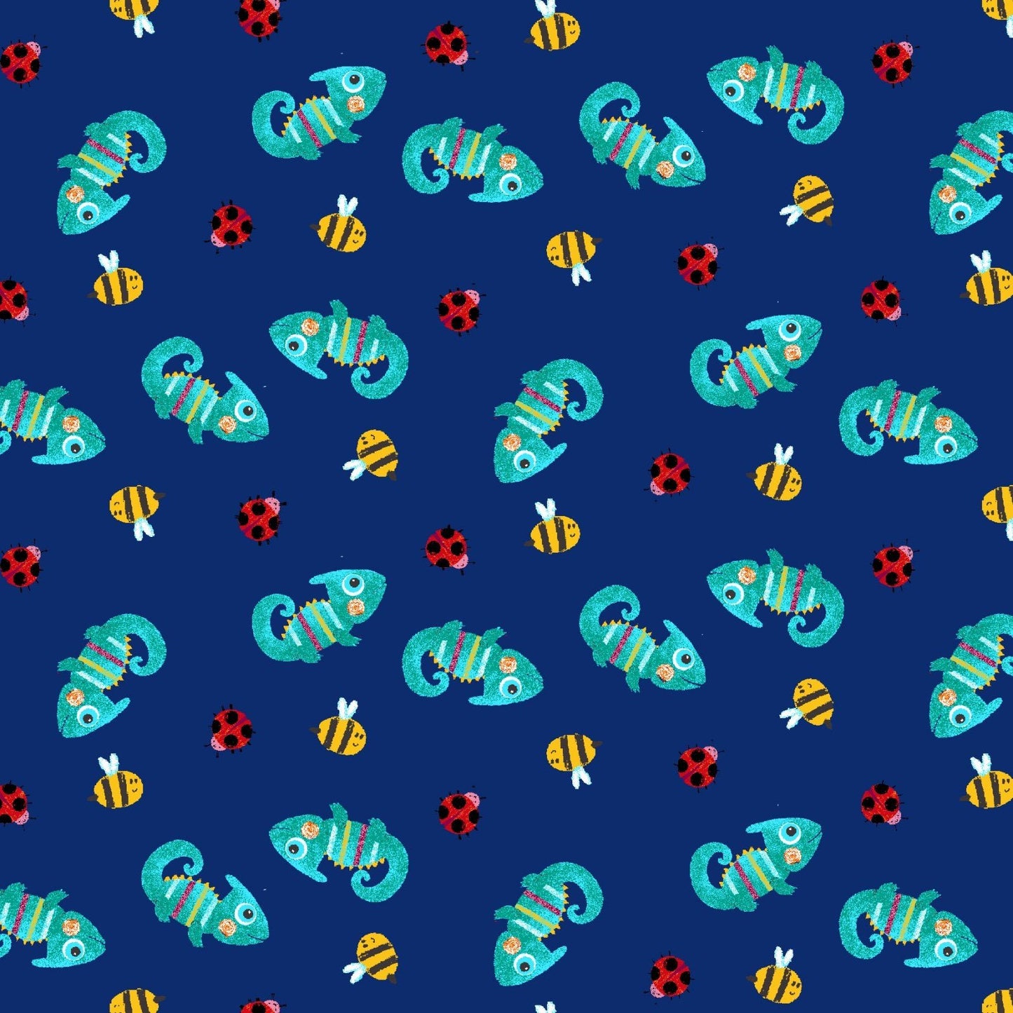 Royal Blue Chameleon fabric 9250 ladybugs bees - Mary Jo Fabrics