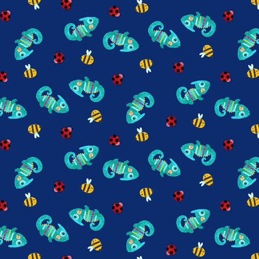 Royal Blue Chameleon fabric 9250 ladybugs bees - Mary Jo Fabrics