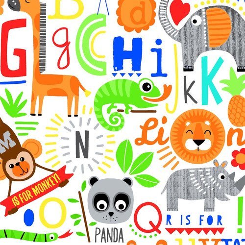 Safari Animal FLANNEL 0824 - 39 White Alphabet - Mary Jo Fabrics