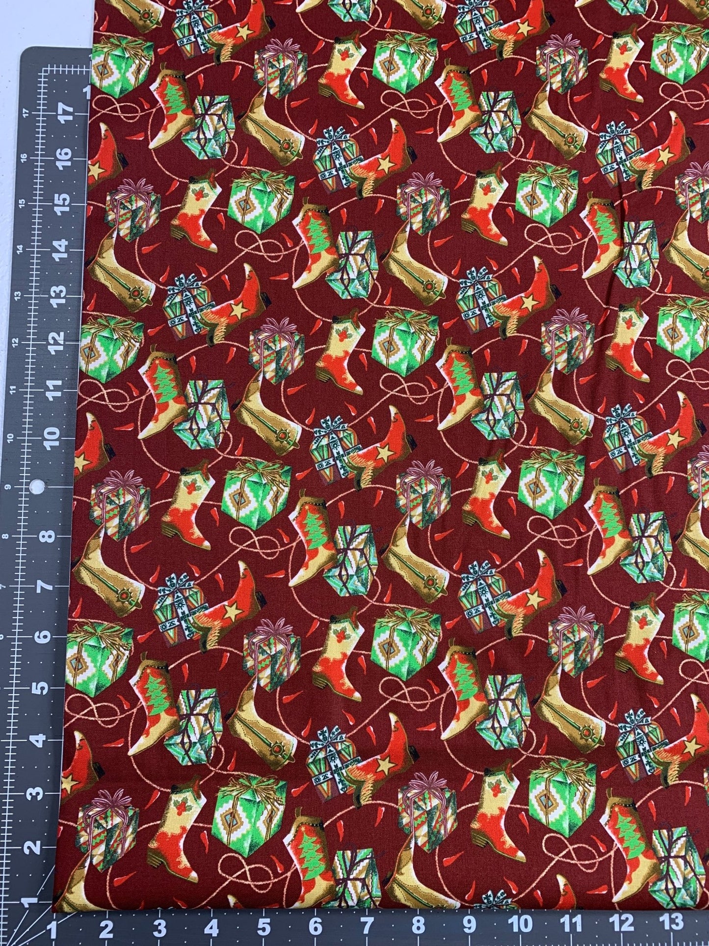 Santa Fe Christmas cotton fabric Cowboy boot - Mary Jo Fabrics