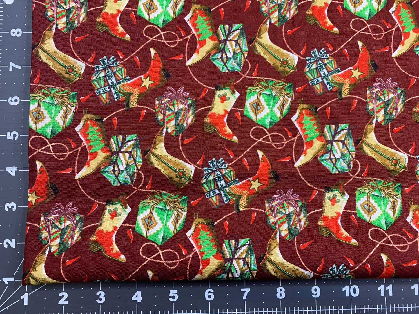 Santa Fe Christmas cotton fabric Cowboy boot - Mary Jo Fabrics