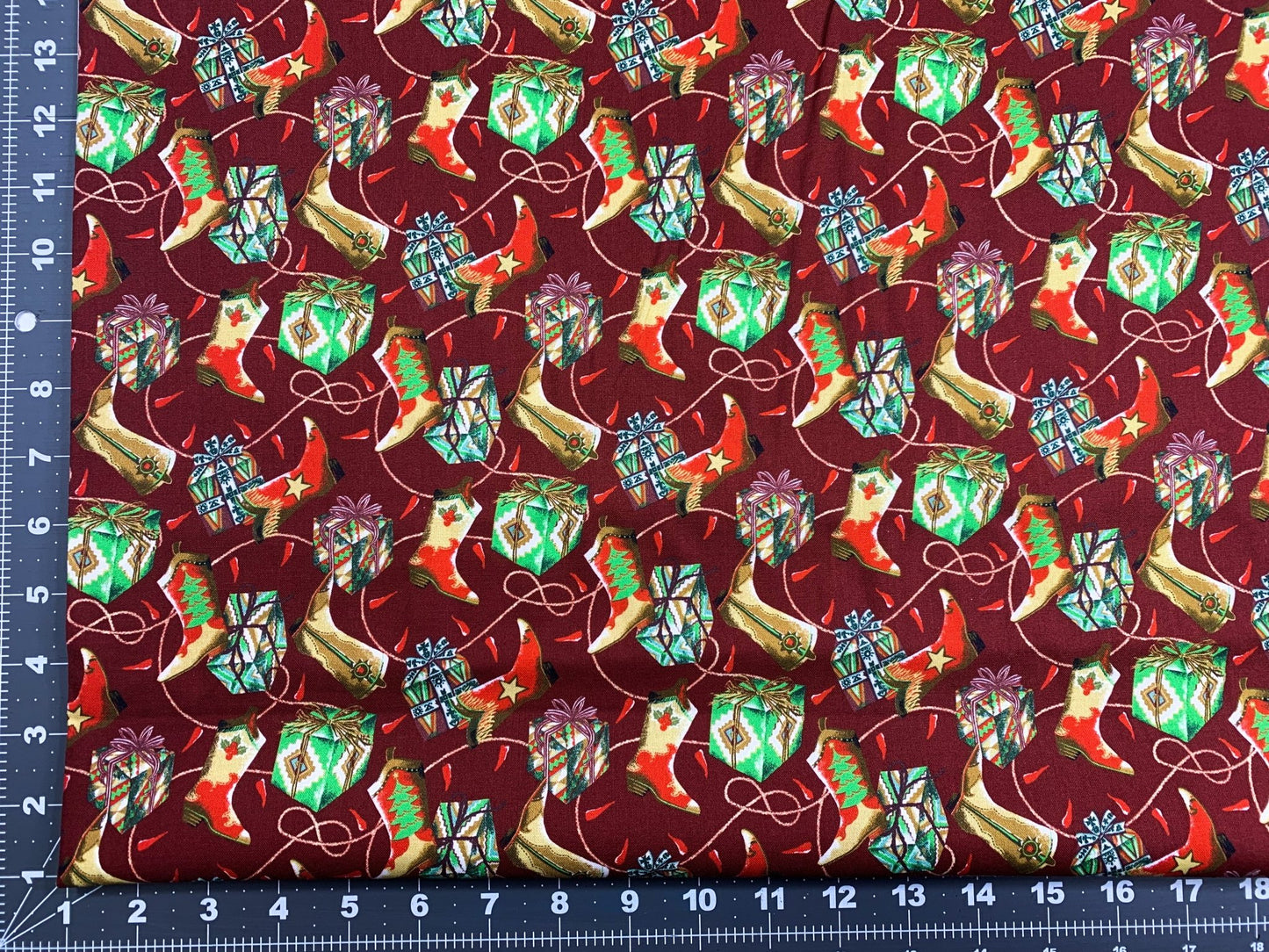 Santa Fe Christmas cotton fabric Cowboy boot - Mary Jo Fabrics