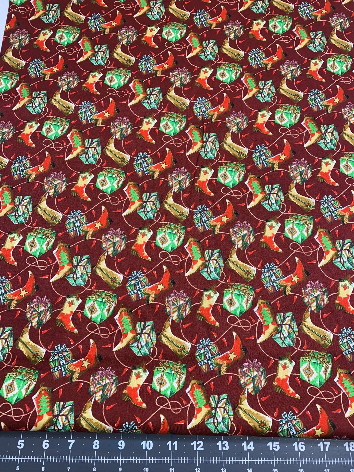 Santa Fe Christmas cotton fabric Cowboy boot - Mary Jo Fabrics