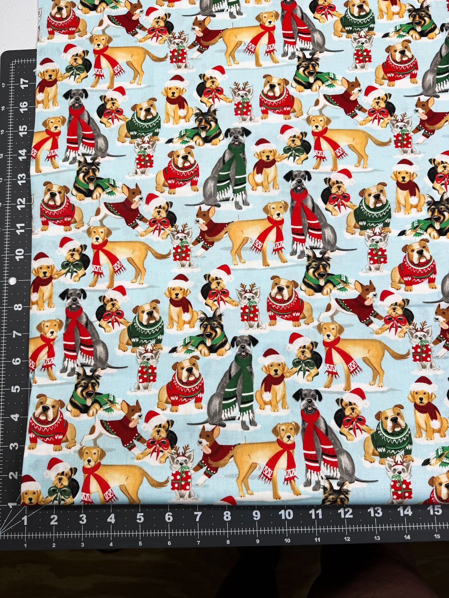 Santa Paws Dogs in Christmas sweaters and scarves - Mary Jo Fabrics