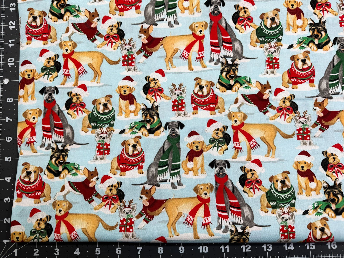 Santa Paws Dogs in Christmas sweaters and scarves - Mary Jo Fabrics