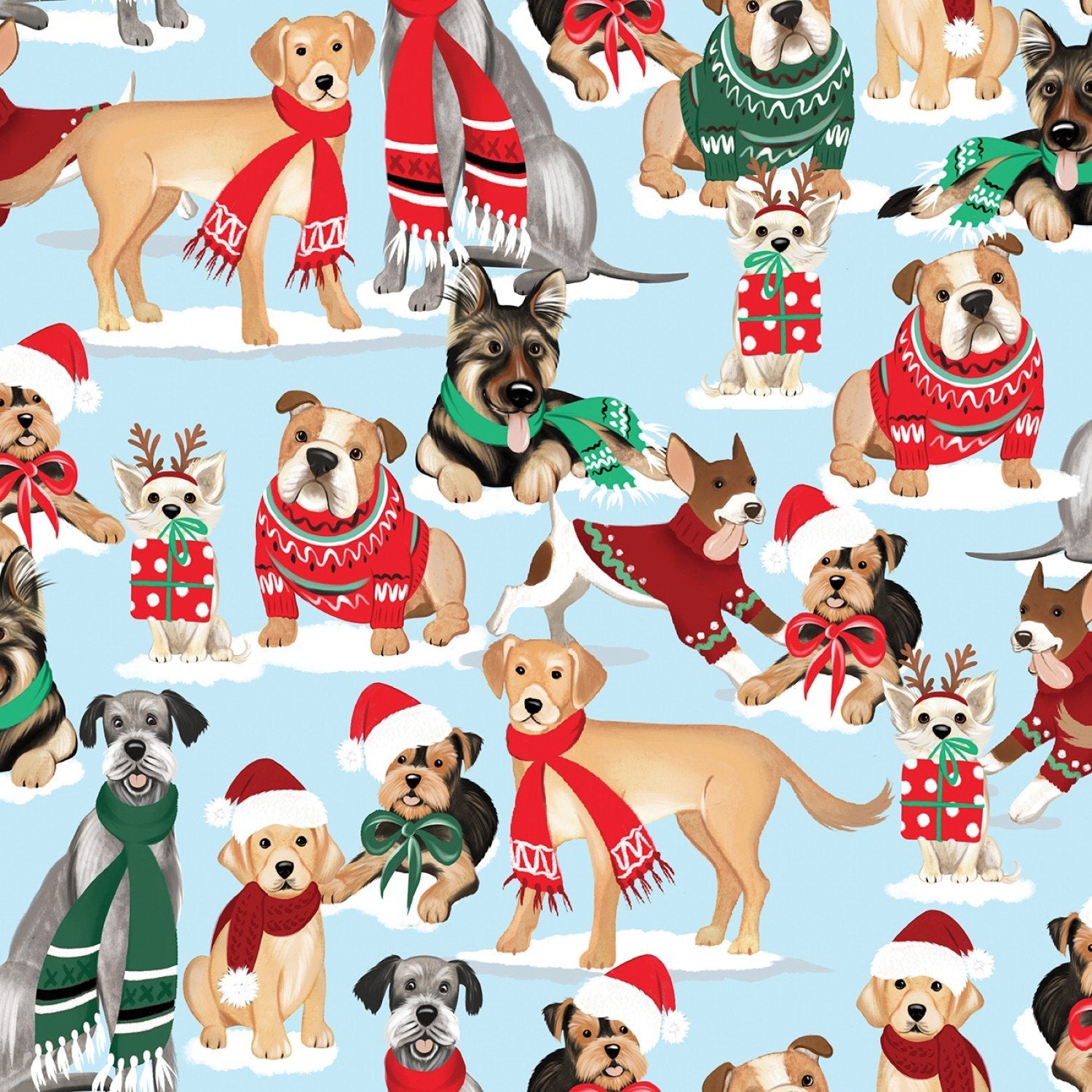 Santa Paws Dogs in Christmas sweaters and scarves - Mary Jo Fabrics