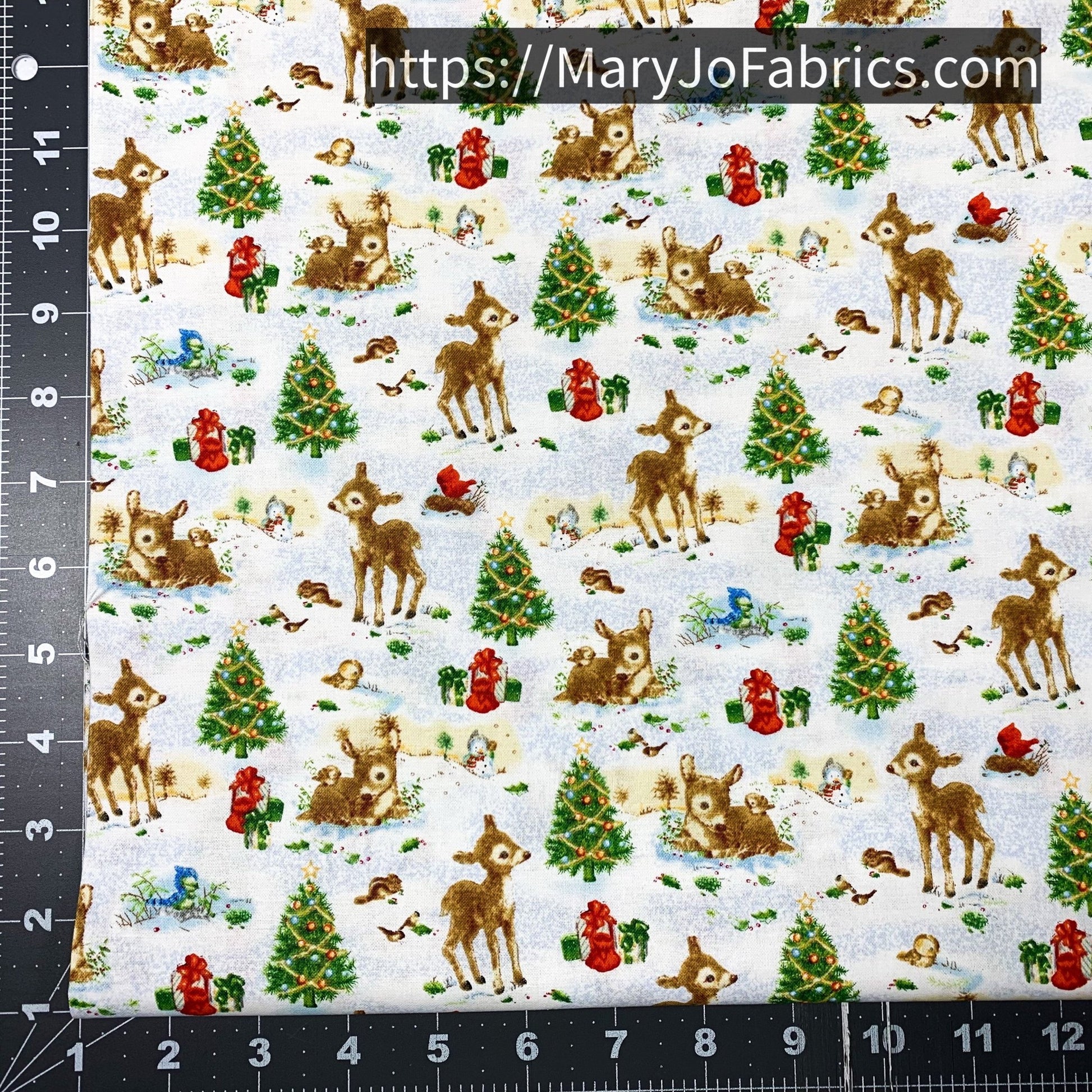Santa's Friends Fabric 1151 Christmas trees Baby reindeer - Mary Jo Fabrics