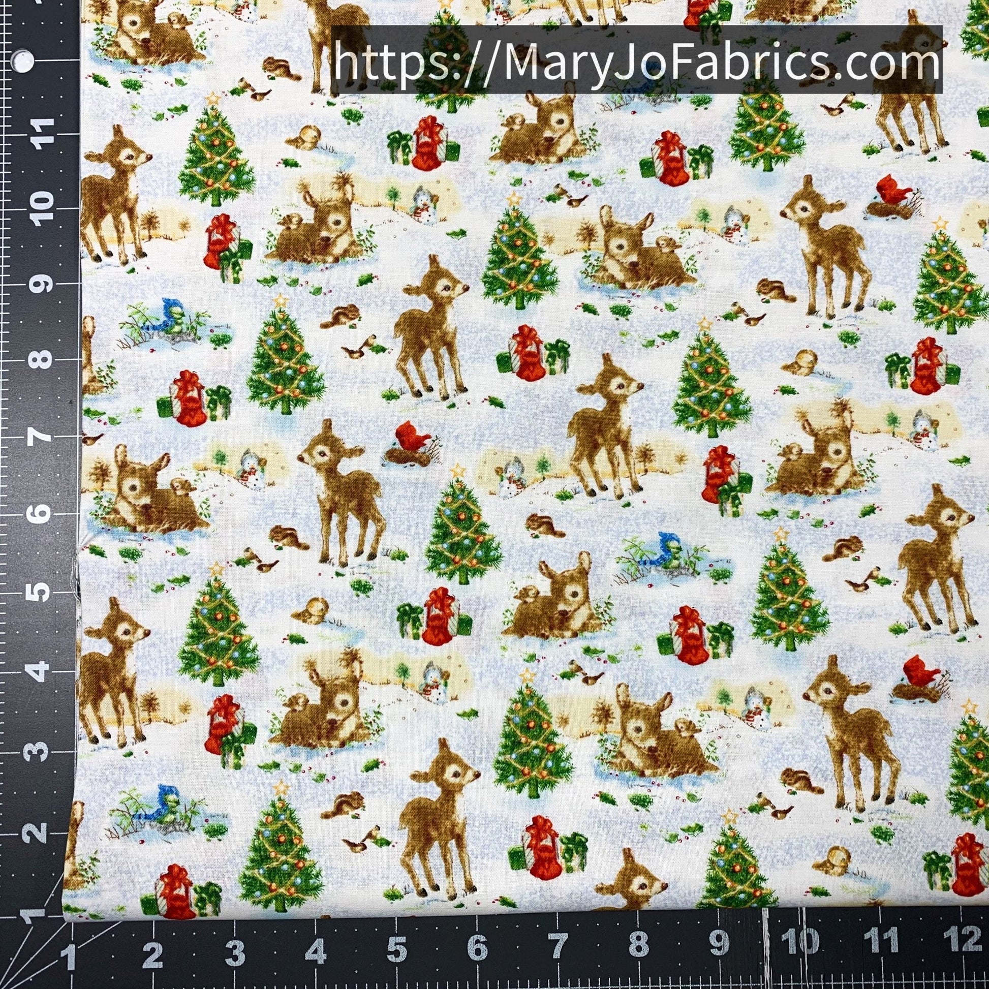 Santa's Friends Fabric 1151 Christmas trees Baby reindeer - Mary Jo Fabrics