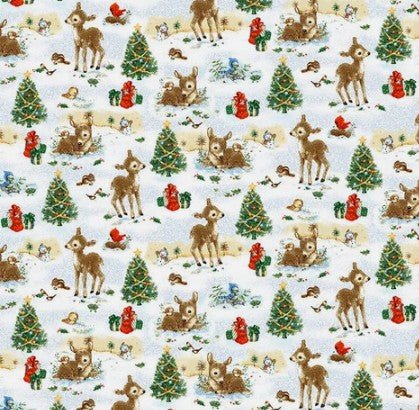Santa's Friends Fabric 1151 Christmas trees Baby reindeer - Mary Jo Fabrics