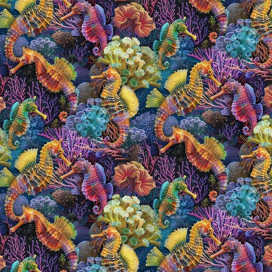 Sea Reef Seahorses Fabric CD3813 Ocean Cotton Fabric - Mary Jo Fabrics
