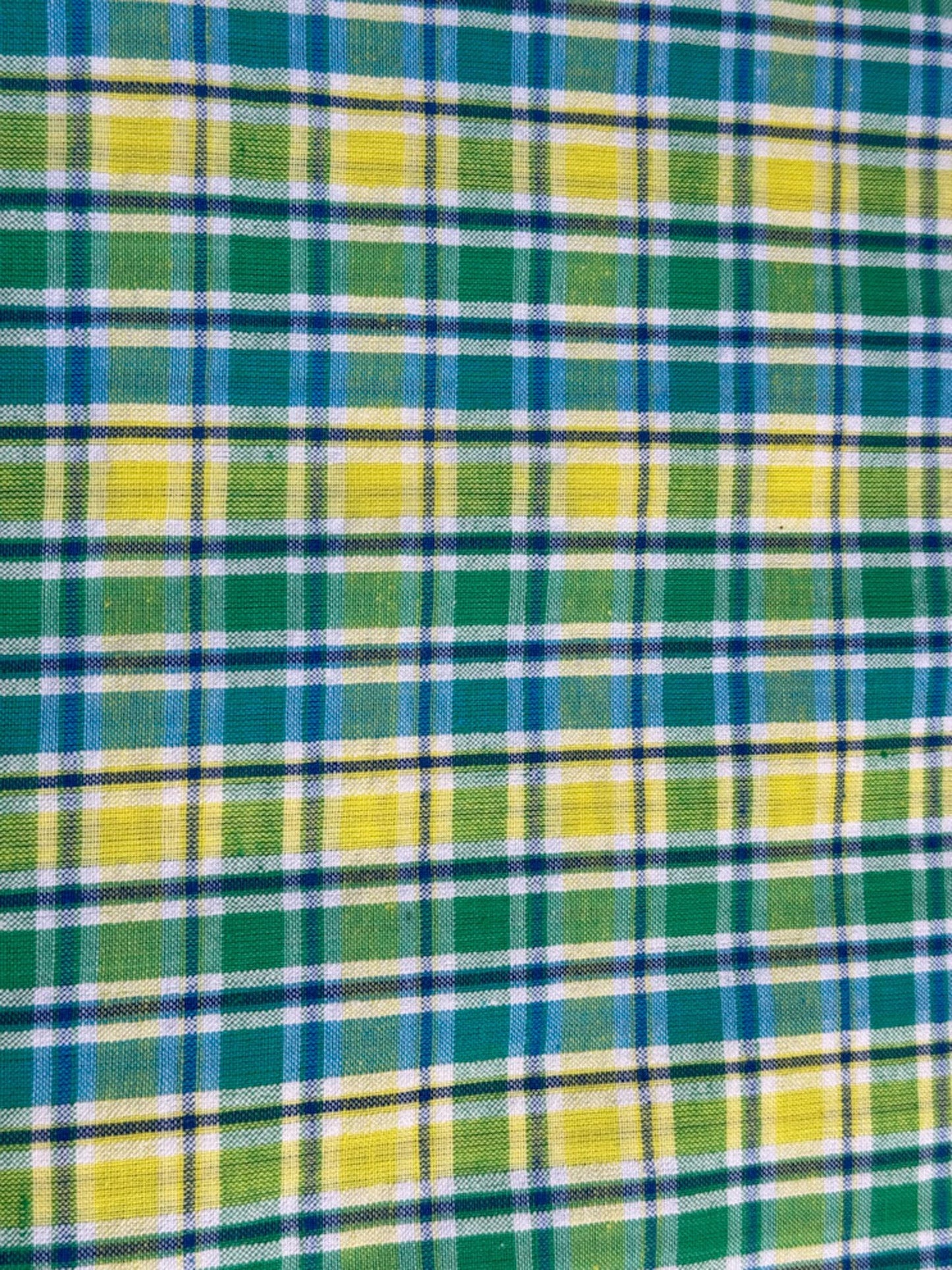 SeerSucker Blue Yellow Green plaid fabric - Mary Jo Fabrics