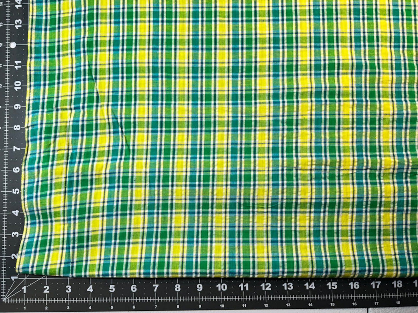 SeerSucker Blue Yellow Green plaid fabric - Mary Jo Fabrics