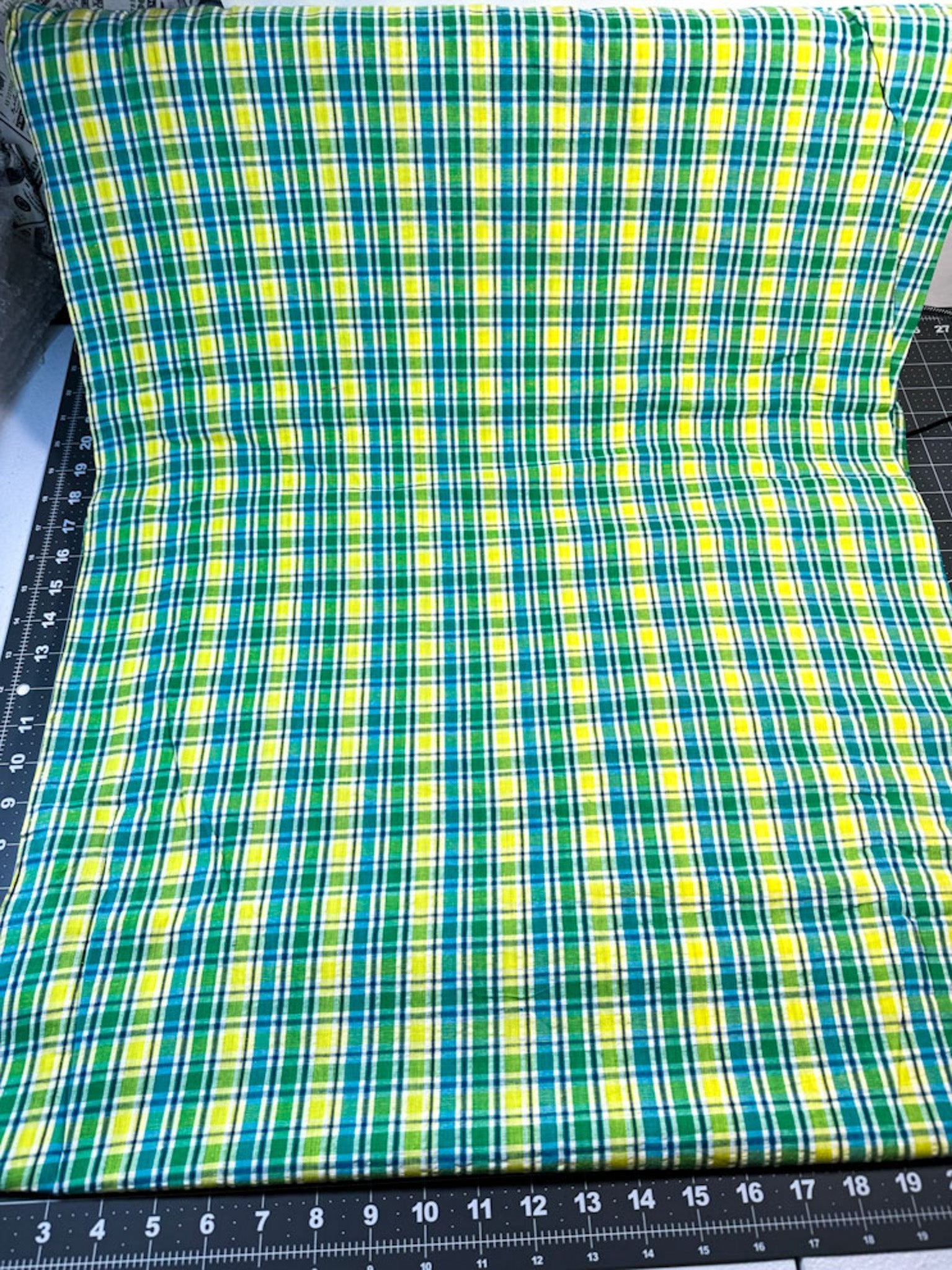 SeerSucker Blue Yellow Green plaid fabric - Mary Jo Fabrics