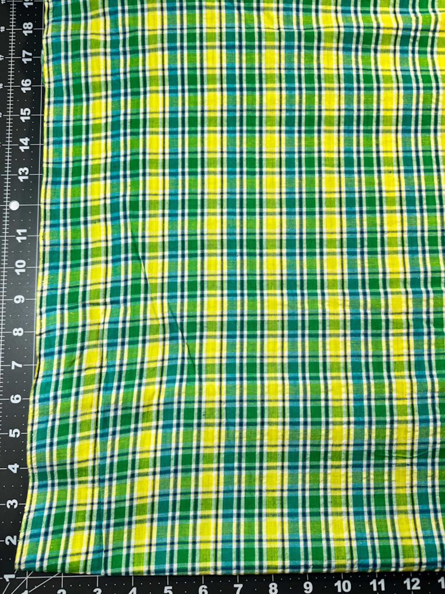 SeerSucker Blue Yellow Green plaid fabric - Mary Jo Fabrics