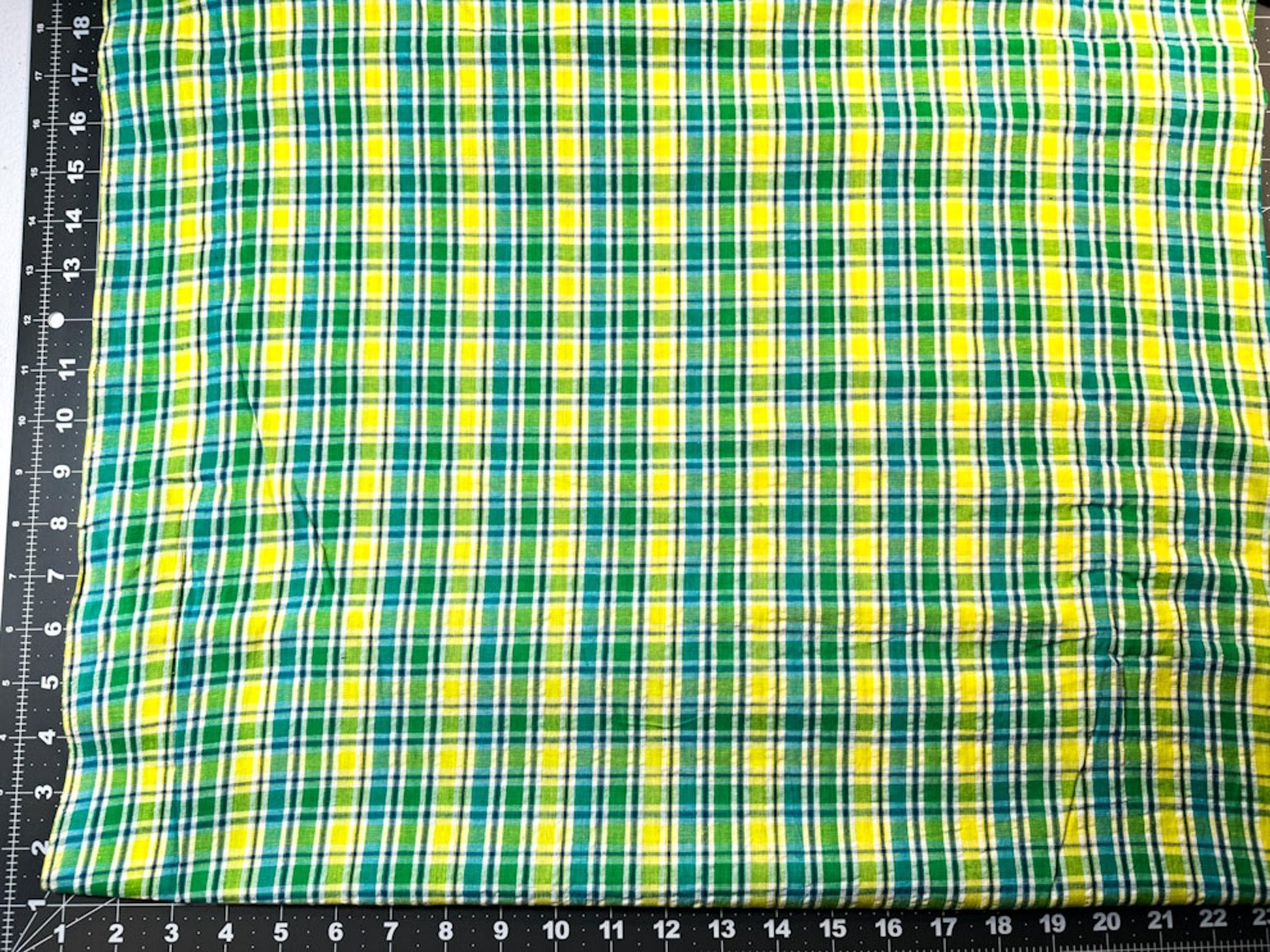 SeerSucker Blue Yellow Green plaid fabric - Mary Jo Fabrics