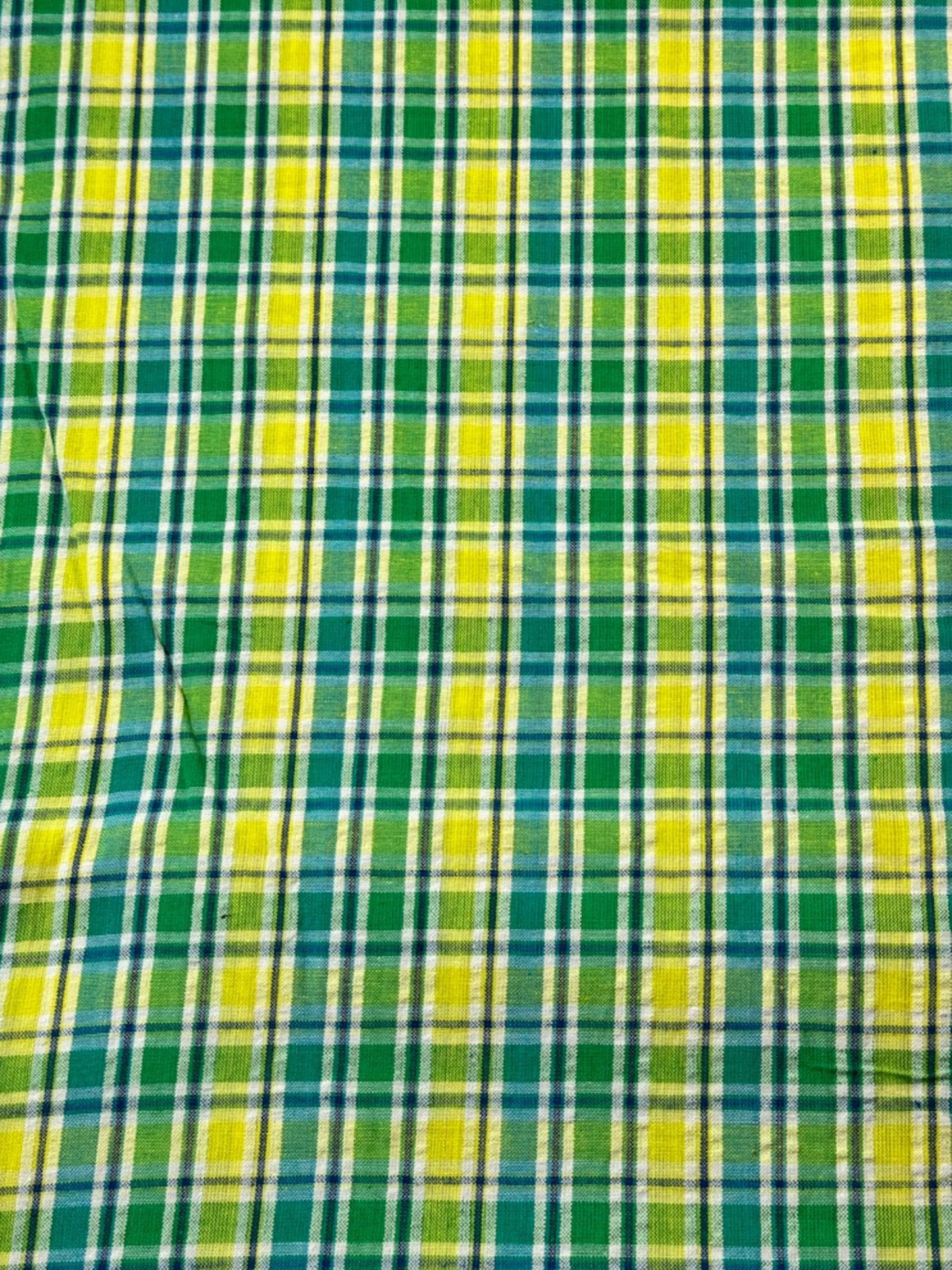 SeerSucker Blue Yellow Green plaid fabric - Mary Jo Fabrics