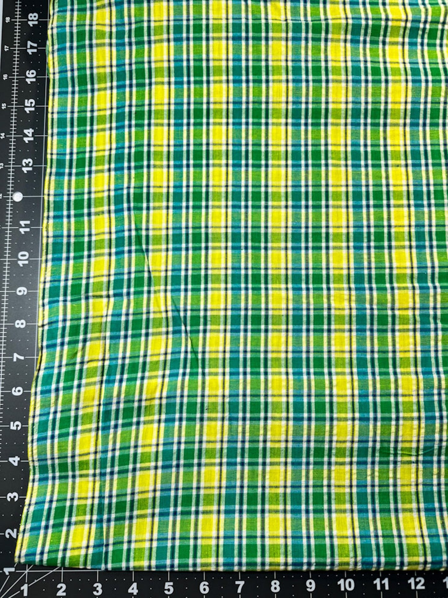 SeerSucker Blue Yellow Green plaid fabric - Mary Jo Fabrics