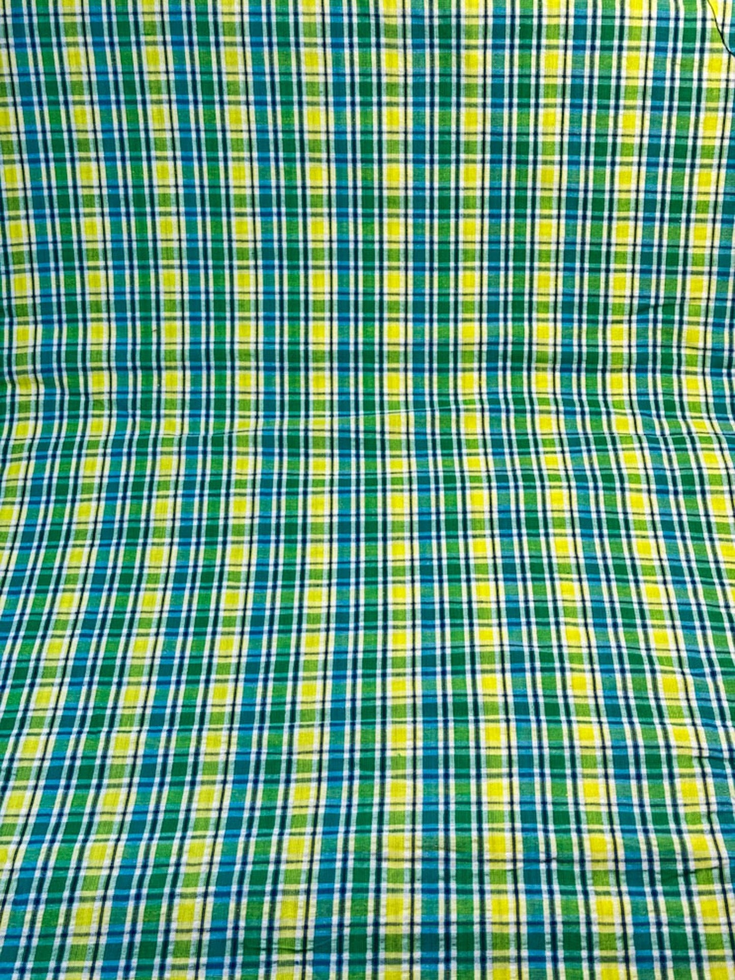 SeerSucker Blue Yellow Green plaid fabric - Mary Jo Fabrics