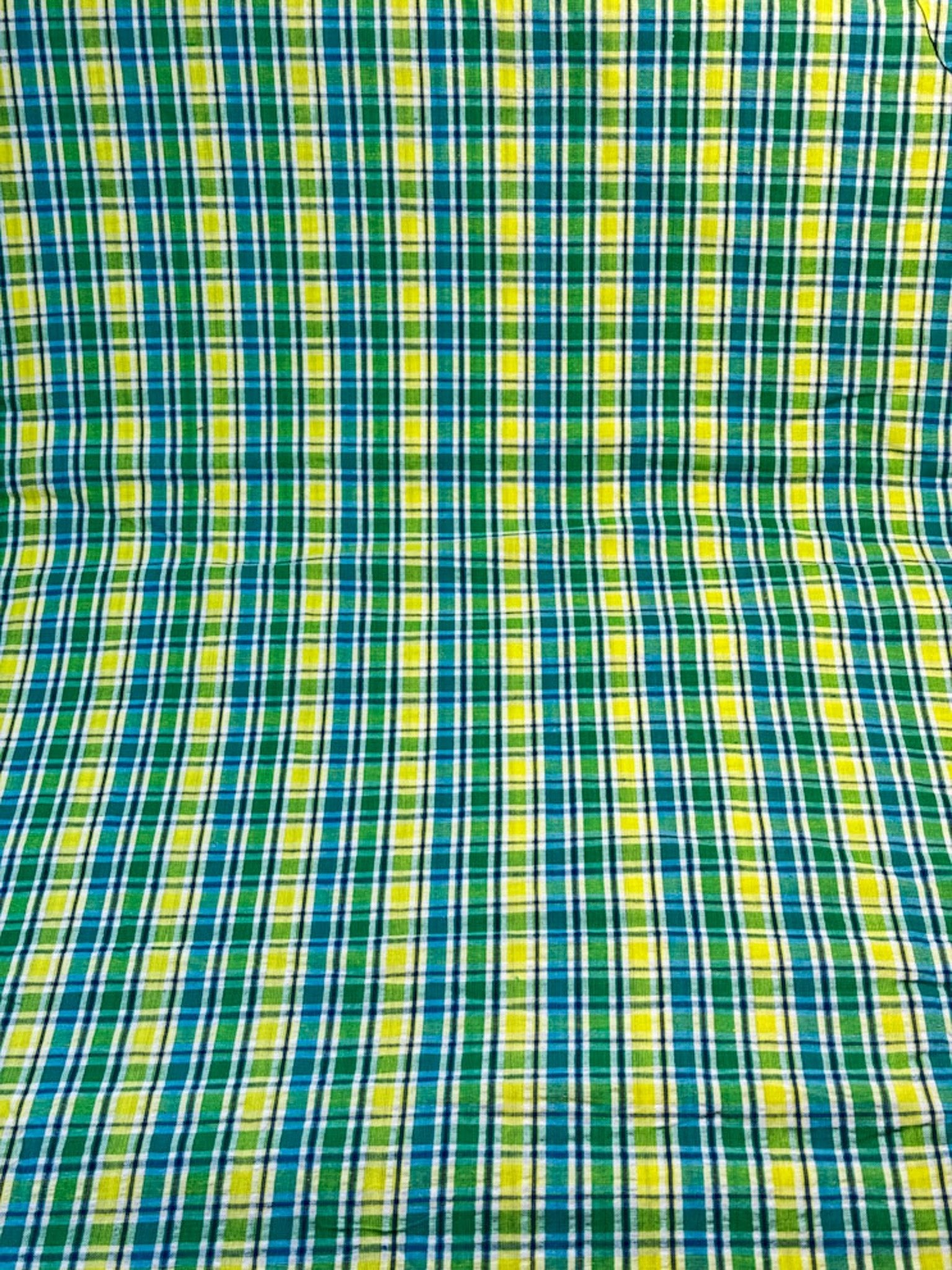 SeerSucker Blue Yellow Green plaid fabric - Mary Jo Fabrics