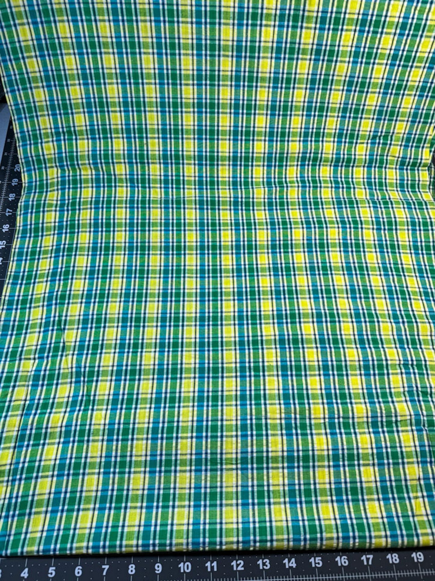 SeerSucker Blue Yellow Green plaid fabric - Mary Jo Fabrics