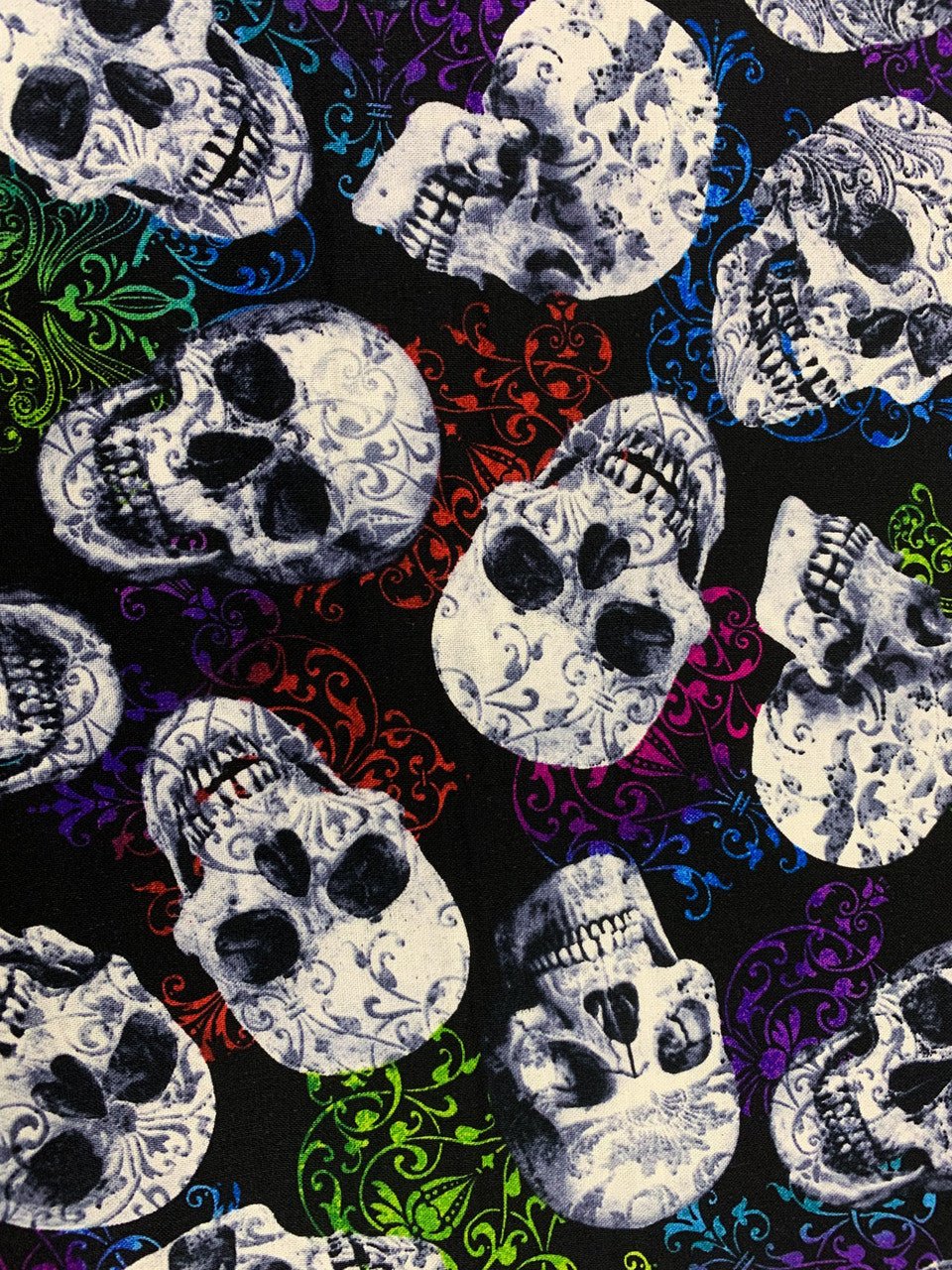 Skulls fabric rainbow filigree C7275 skull cotton fabric - Mary Jo Fabrics