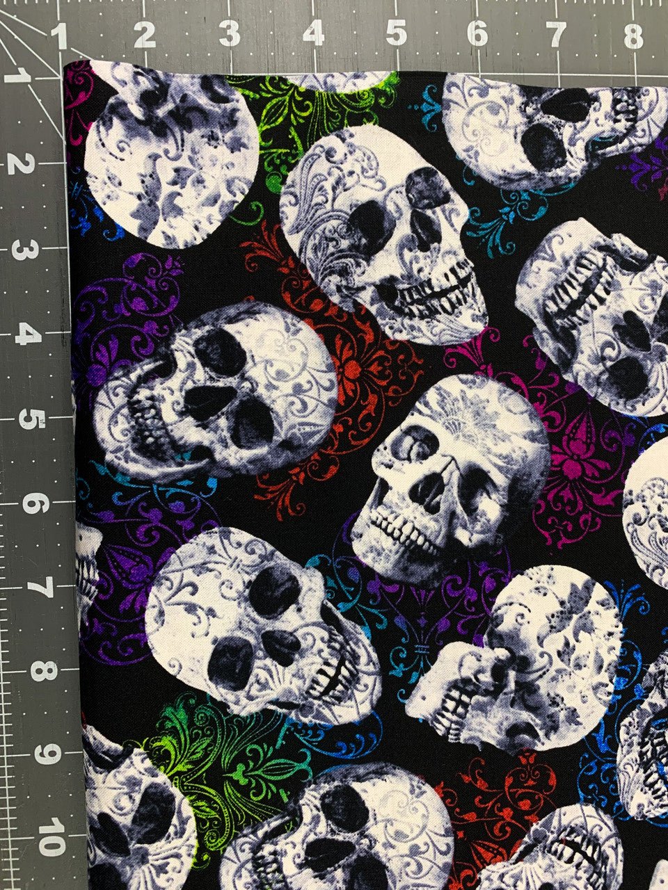 Skulls fabric rainbow filigree C7275 skull cotton fabric - Mary Jo Fabrics