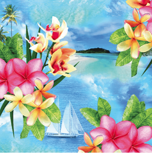 Sky Blue Island Paradise 12897 - 53 Sailboats Palm Trees Floral - Mary Jo Fabrics